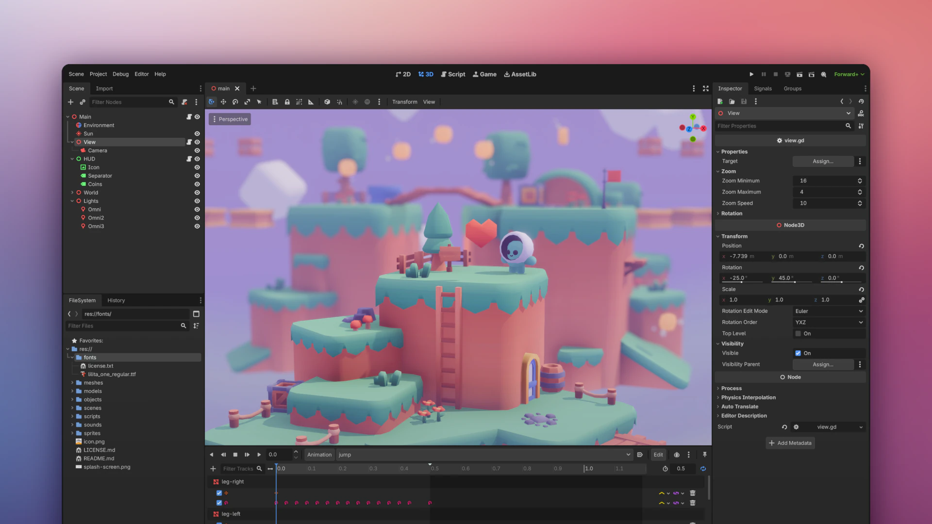 Curso de Godot: Interfaz del motor Godot Engine 4 mostrando el editor de escenas 3D y sistema de nodos