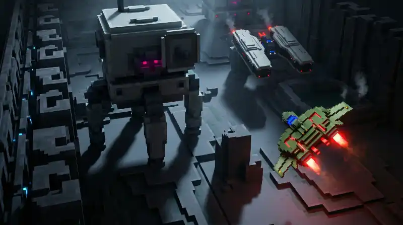 Hagamos Videojuegos: Banner del curso con captura de gameplay estilo voxel de naves espaciales y un mecha