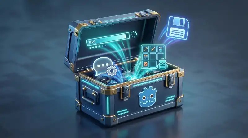 Curso avanzado de Godot: Icono 3D de caja de herramientas con logo de Godot, de la que emergen hologramas de barra de carga, inventario y guardado