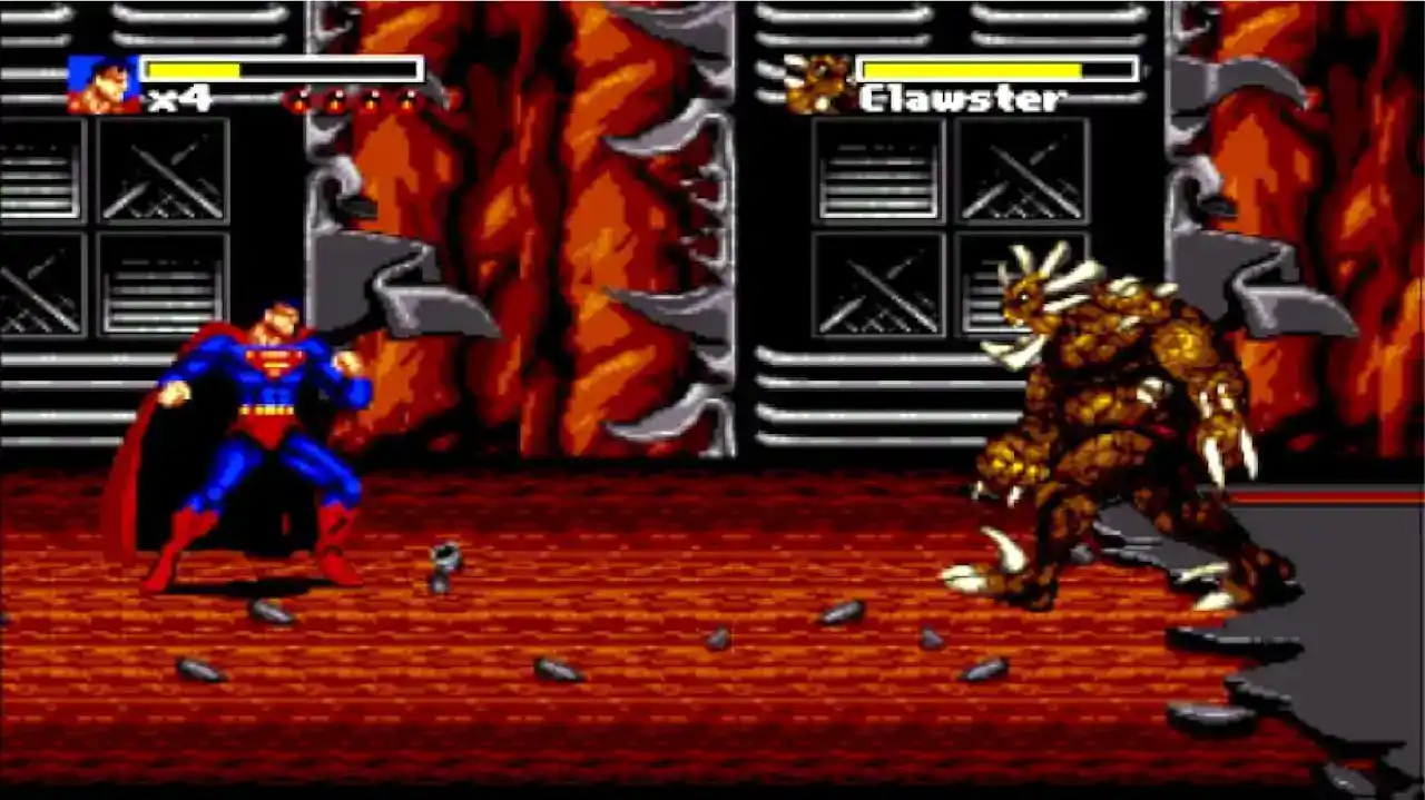 Combate en The Death and Return of Superman (Mega Drive): Superman contra Clawster.