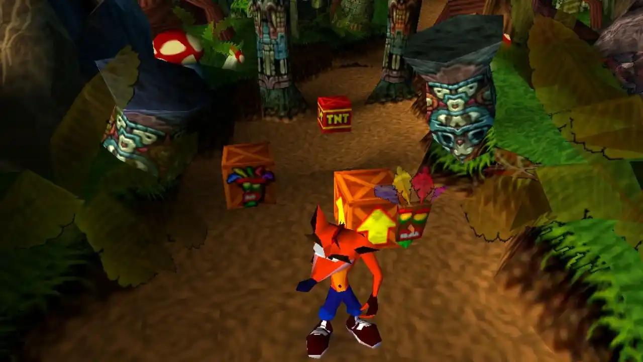 Crash Bandicoot en PS1: distorsión de texturas y desplazamiento de vértices (wobble) en personaje y entorno.