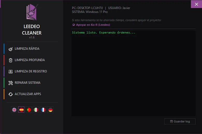 Interfaz de usuario de Leedeo Cleaner: Limpieza y reparación de sistema en Windows 11
