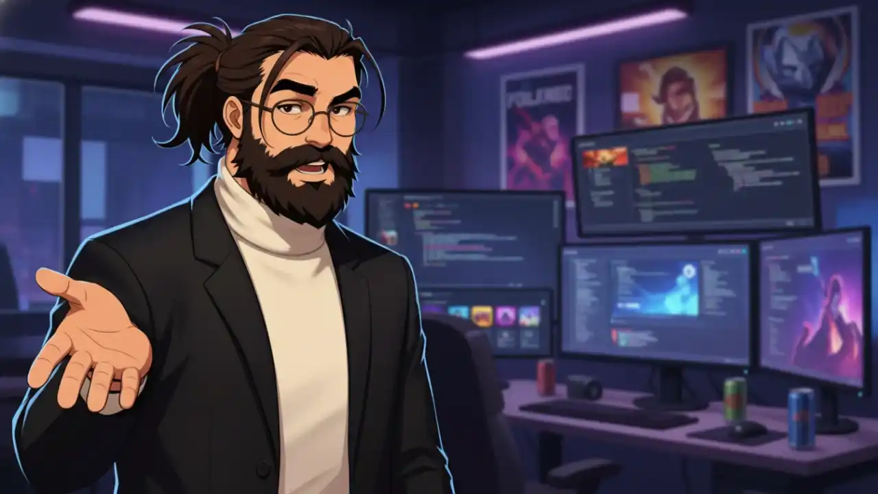 Avatar 2D ilustrado de un instructor con barba y gafas, posando frente a un escritorio de desarrollo con múltiples monitores